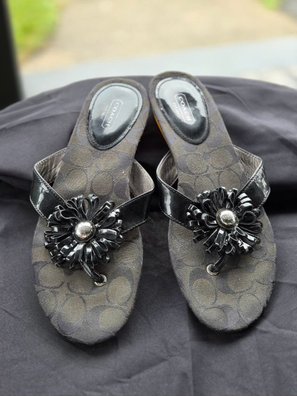 Coach Black Floral Applique Slip-On Sandals